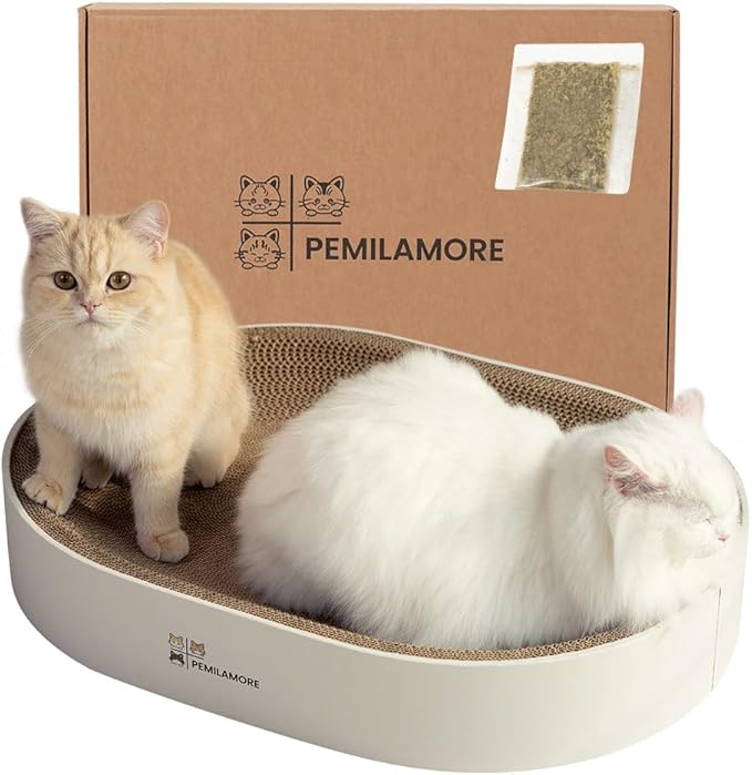Extra Large Oval Cat Scratcher Lounge Bed - Heavy Duty Double-Sided Cardboard Scratching Pad, Modern White Cat Furniture & Sofa for Large Indoor Cats