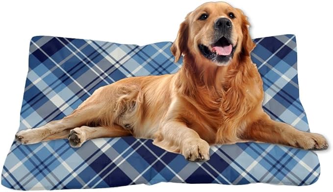 Dark Blue Plaid Dog Pad Bed Non Slip Bottom Washable Dog Bed Cozy Soft Car Pet Supplies Printed Crate Gift Cozy 24× 18 Inch Indoor Outdoor