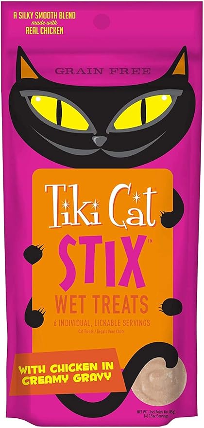 (4 Pack) Tiki Cat Stix Wet Treats, Grain Free Lickable Silky Smooth Blend in Tuna and Chicken Creamy Gravy, Topper or Treat with 10ct Pet Wipes