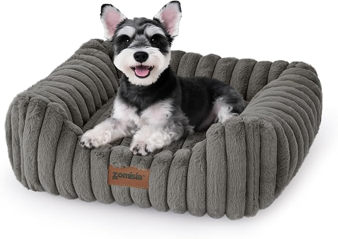 ZOMISIA Small Dog Beds for Small Dogs - Washable Cat Beds for Indoor Cats, Rectangle Orthopedic Puppy Bed with Fluffy Removable Cover, 20x19x7inches, Grey