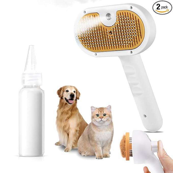 Pet Steam Brush for Dog & Cat – 3-in-1 Spray Hair Removal Comb for Shedding & Grooming, Softens Fur & Reduces Static – Water Brush for Long & Short Coats, Bath-Hating Pets, Includes Waterless Shampoo