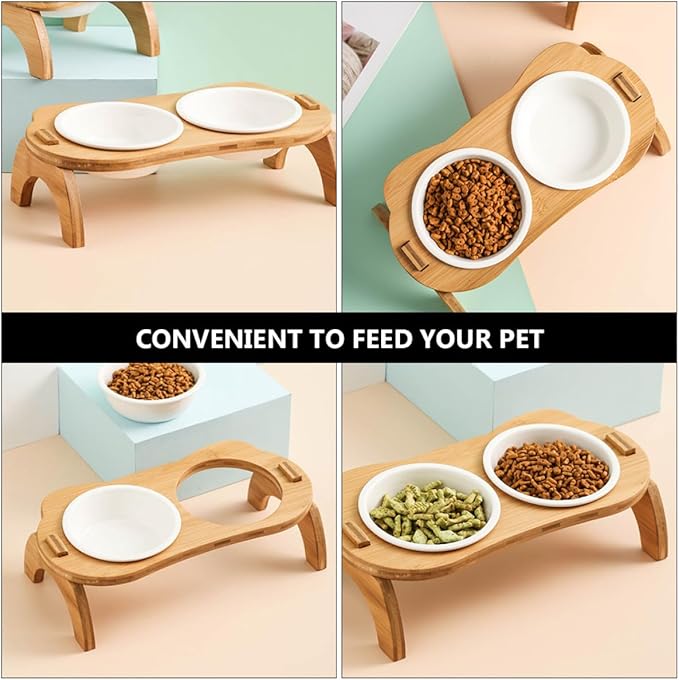 Raised Double Pet Bowl Set with Ceramic Bowls on Wooden Stand Tilted High Base for Cats and Puppies Spine Protection Design for Indoor Use