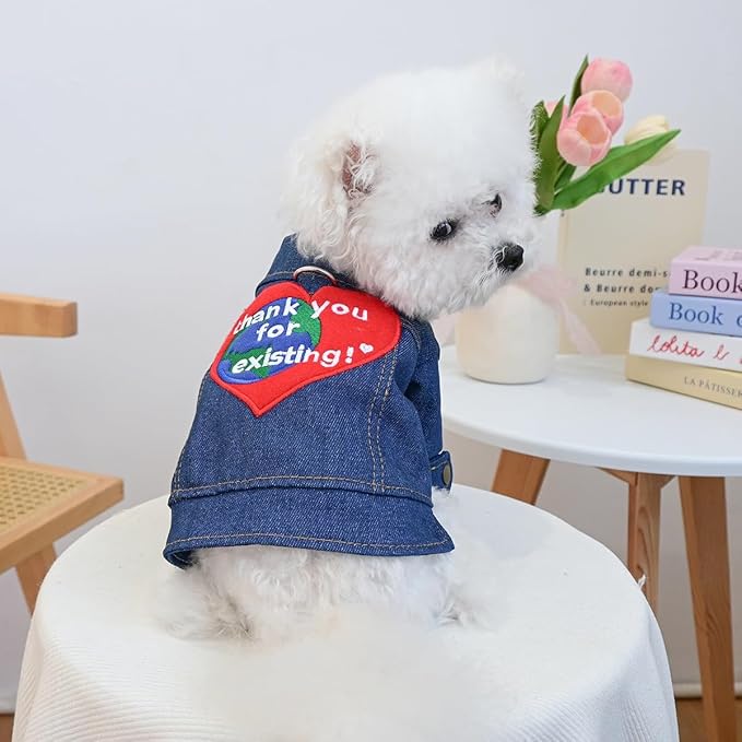 Premium Denim Jacket for Dogs & Cats – Reinforced D-Ring, Embroidered Heart “Thank You for Existing” Patch, Soft Jean Outfit for Small Pets(XL)