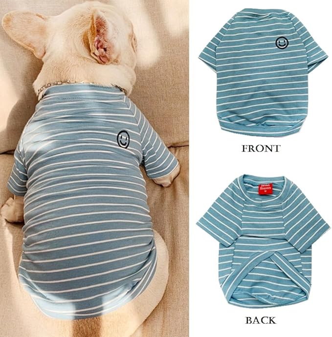 Blue Striped Matching Dog and Owner Clothes, Cotton Pet and Owner Coordinating Outfit with Embroidered Smiley Face Separately Sold,Family Matching Pajamas for Dogs Puppies (Pet 4XL)