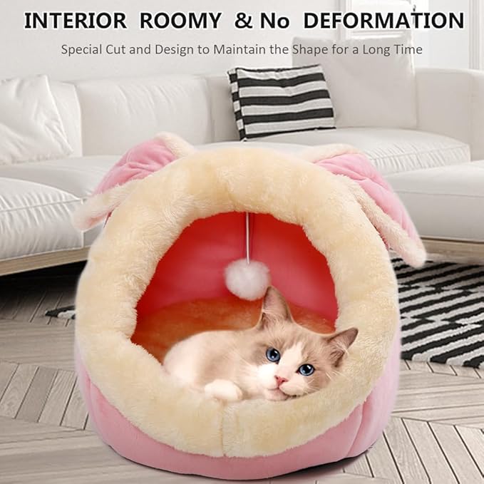 Cat Beds for Indoor Cats - Rabbit-Shaped Cat Cave Bed with Hanging Toy,Super Soft Calming Pet Bed for Kitten&Puppy,Small Dog,Warm Plush&Machine Washable&Removable Cotton Pad,Cat Hideaway