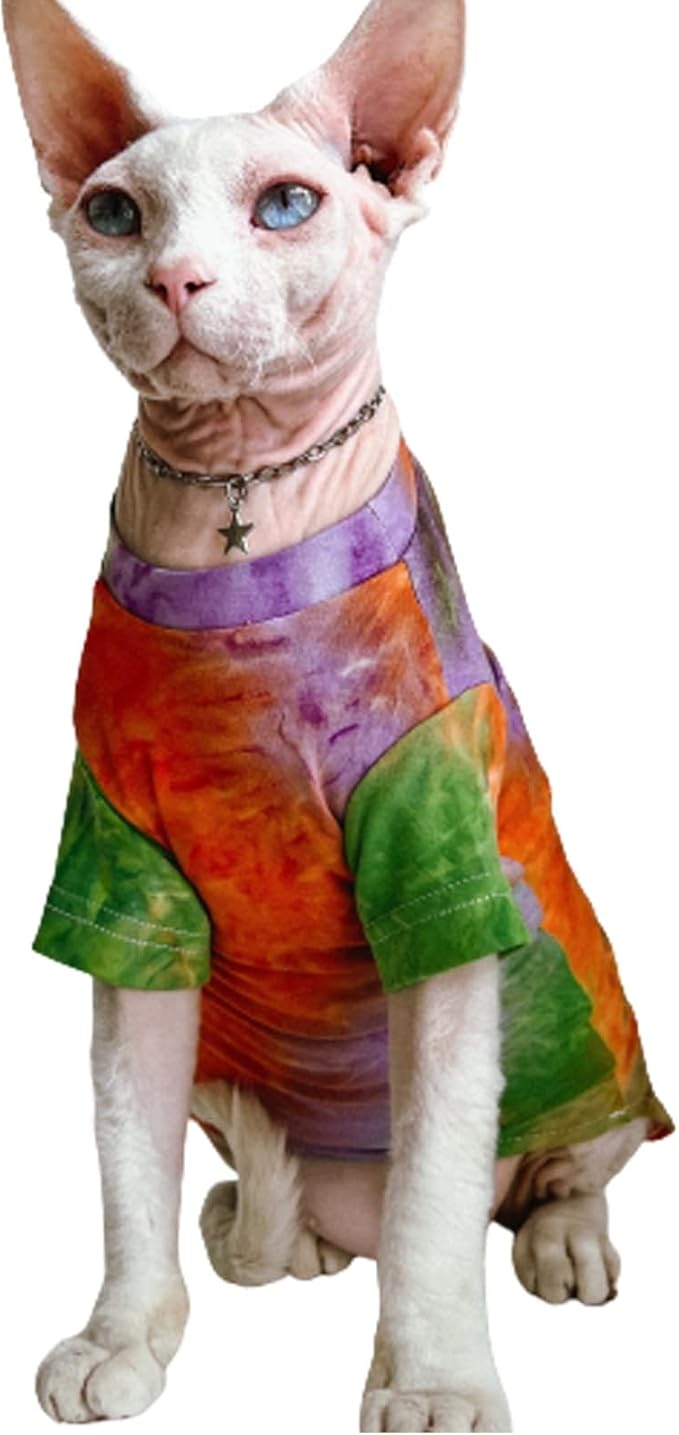 QBLEEV Sphynx Cat Clothes, Hairless Cats Rainbow Rendering T-Shirt for Spring Summer Autumn, Breathable Cat Wear Clothes Vest Shirts for Sphynx, Cornish Rex, Devon Rex, Peterbald