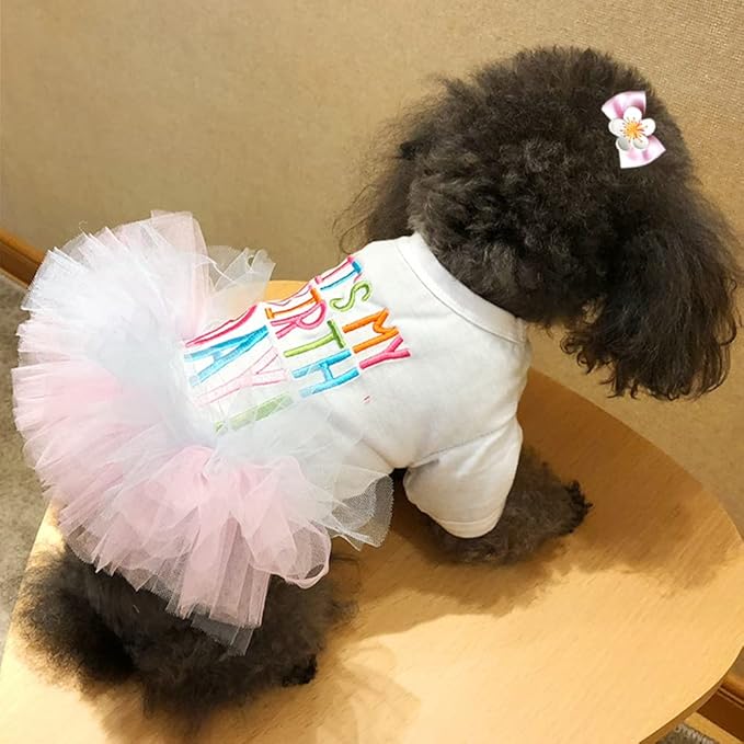 ANIAC Girl Dog Birthday Tutu Dresses Puppy Lace Skirt and Hairpin Cat Birthday Princess Dress Pet Clothes for Cats Small Dogs (Small, White)
