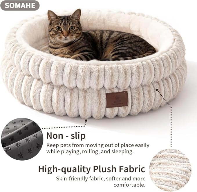 SOMAHE Cat Bed, Round Plush Faux Fur Donut Cuddler – Machine Washable Calming Cat Bed for Indoor Cats & Kittens, Removable Cushion Non-Slip Fluffy Kitten Bed, Cozy Small Cat Nest, 20" Inch White