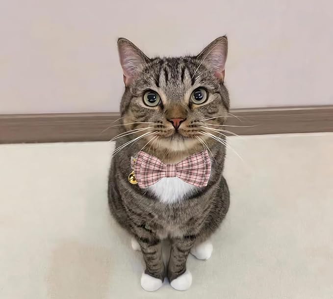 2 Pack Soft Cotton Cat Collars with Bowtie and Bell Breakaway Plaid Cat Kitten Collar(Pink and Jade Green)