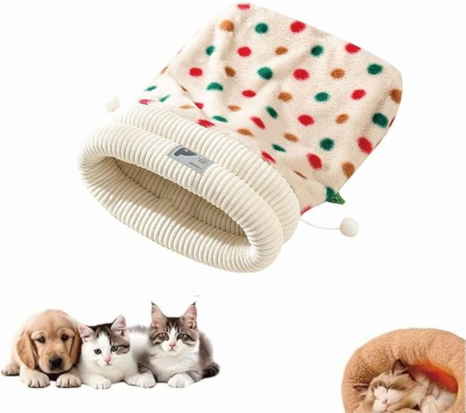 Winter Warming Cat Sleeping Bag，Soft Plush Sleeping Bag for Indoor Cats，Cozy Pet Nest for Cats and Dogs, Portable Calming Pet Nests，Cat Cave Bed Self Warming (Dot, M（18 * 15.5 in）)