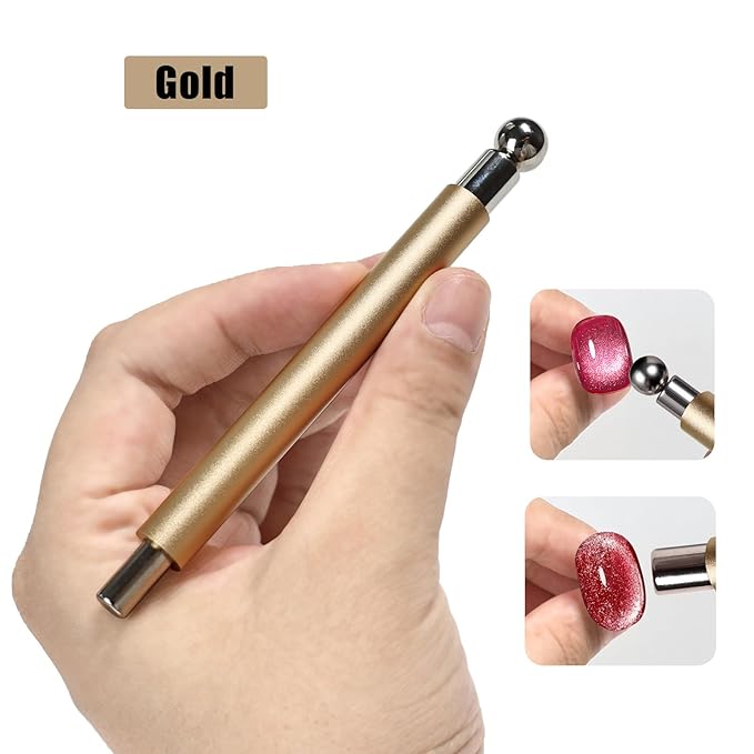 Cat Eye Magnet for Nails, Double-head Magnet Wand with Round Nail Magnet Beads Nail Polish Magnet Pen Magnetic Cat Eye Gel Polish Nail Design Tool for Home DIY, Salon, Gold