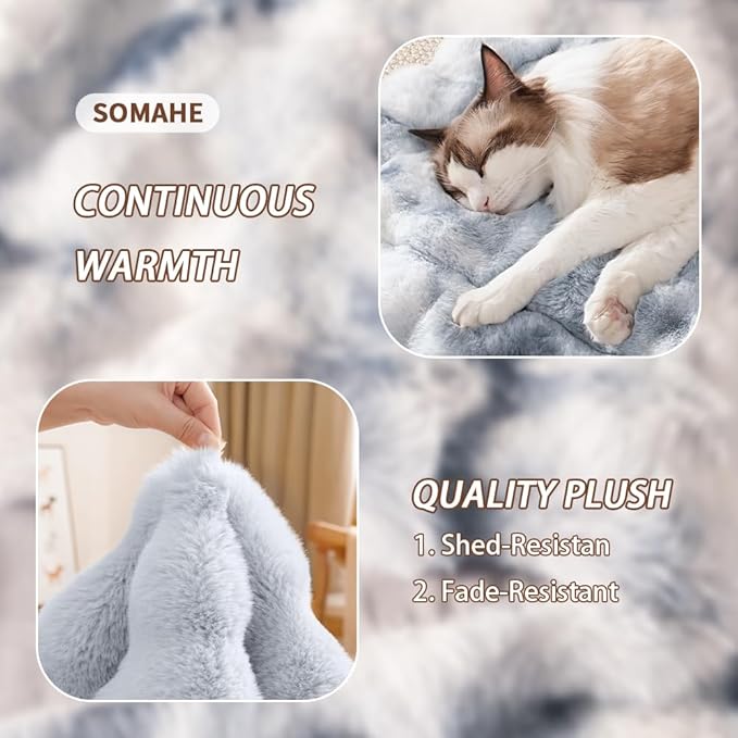 SOMAHE Cat Bed, Plush Faux Fur Kneading Flat Mat - Machine Washable Fluffy Pet Bed for Indoor Cats, Non-Slip Small Kitten Bed, Therapeutic Knead Cat Mat for Couch & Window Sill, 23"×15" Inch, Blue