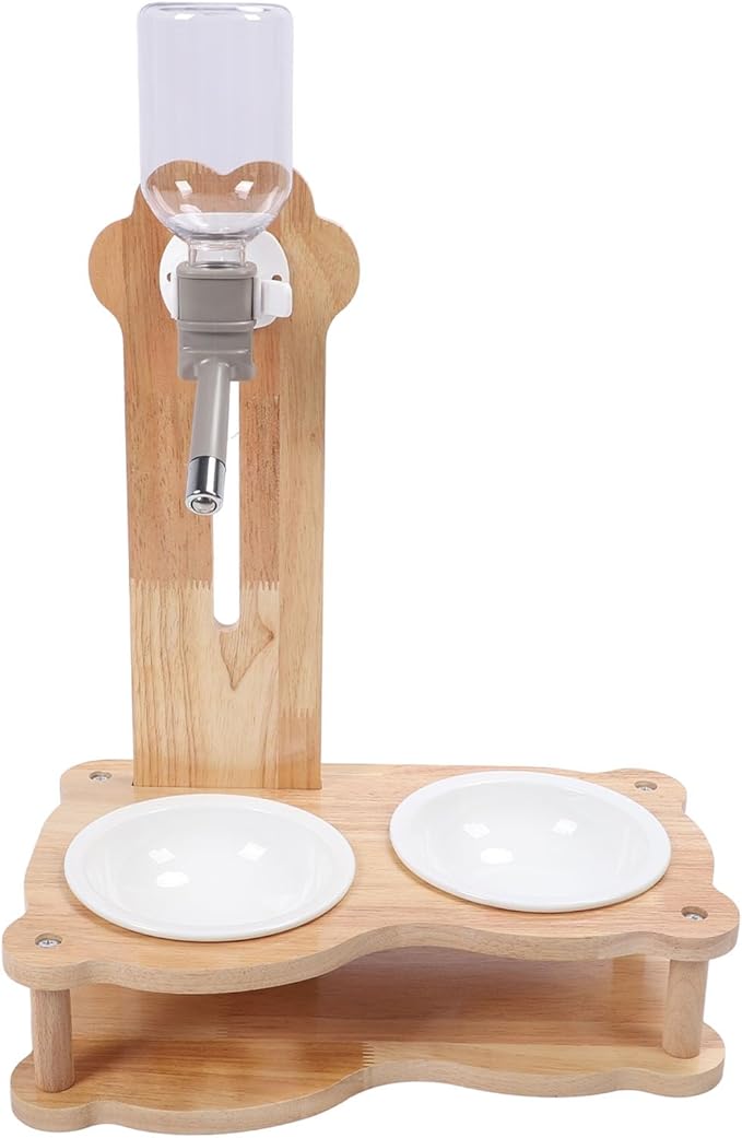 Wood Raised Cat Food Bowls 2 in 1 Automatic Pet Feeder and Water Dispenser Elevated Dog Bowls Stand with Solid Wood Design for Cats Dogs Pets