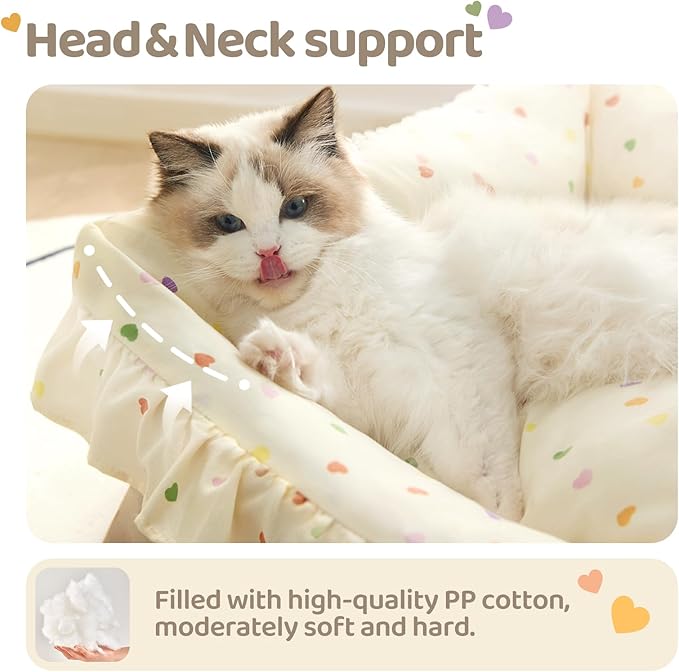 Jiupety Cat Bed for Indoor Cats Removable Washable Pet Beds with Slip-Resistant Bottom Ruffled Puppy and Kitten Beds with Pillow, Beige 21"x15"