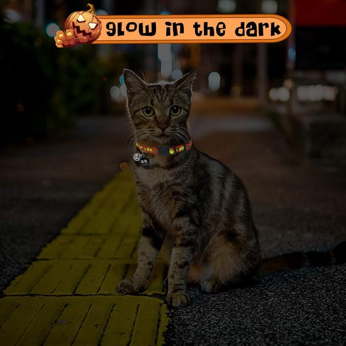 EXPAWLORER Halloween Cat Collar Breakaway - Glow in The Dark Holiday Pet Kitten Collar with Bell and Cute Ghost Pendant, Ideal Gift Adjustable Safety Collars for Cats, 2 Pack