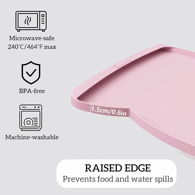 OHMO Dog Food Mat(Pink, 24 * 15'') w/Residue Collection Pocket Silicone Pet Feeding Mat for Floor High Edges Anti Spills Waterproof Cat Water Bowl Tray, Easy Clean Placemat
