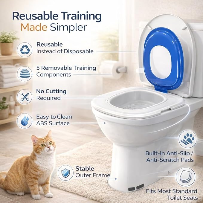 Reusable Cat Toilet Training System,Cat Toilet Trainer with 5 Removable Training Components,Easy Clean ABS Cat Training Seat with Stable Outer Frame,Fits Most Standard Toilet Seats,Blue