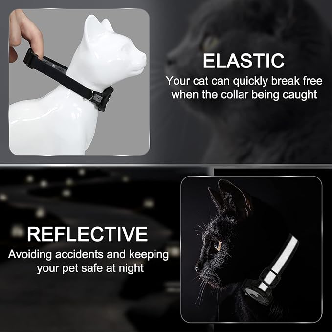 Reflective AirTag Cat Collar, Integrated Cat Tracker Collar with Air Tag Holder and Bell, Safety Elastic Band Cat GPS Collars for Girl Boy Cats, Kittens and Puppies (Black, S)