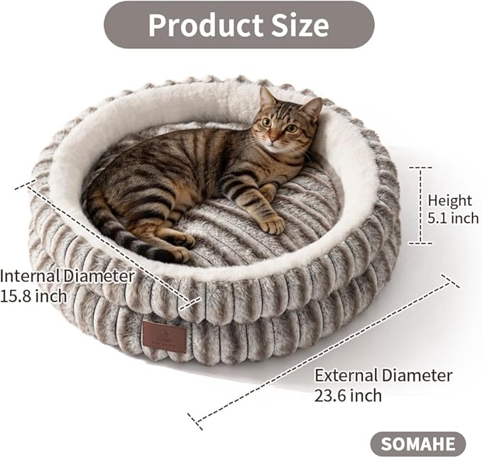 SOMAHE Cat Bed, Round Plush Faux Fur Donut Cuddler – Machine Washable Calming Cat Bed for Indoor Cats & Kittens, Removable Cushion Non-Slip Fluffy Kitten Bed, Cozy Small Cat Nest, 20" Inch Coffee
