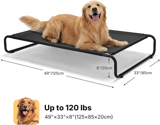 Veehoo Cooling Elevated Dog Bed, Outdoor Dog Bed for Large Dogs, Raised Dog Cot with Thickened Frame, Durable Teslin Mesh & Anti-Slip Rubber Feet, Pet Hammock for Indoor or Camping, 49" x 33", Black