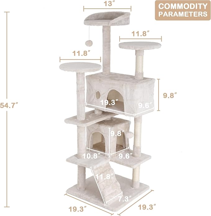 54 Inch Tall Cat Tree Tower - Multi-Level Cat Condo with Scratching Post, Toys & Rest Area, Beige