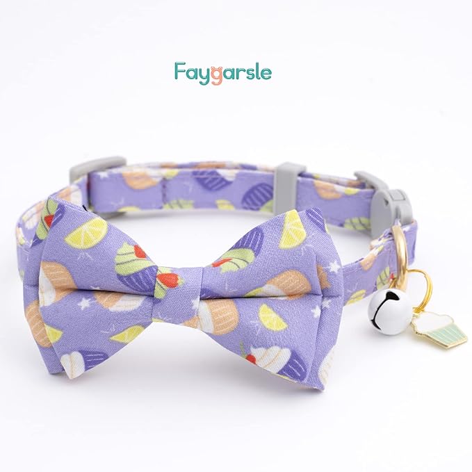 Faygarsle 2 Pack Cute Cats Collar with Bell Breakaway Bowtie Cat Collars for Male Female Cat Soft Fancy Pink Purple Cat Collar with Ice Cream Doughnuts Pattern Summer Cat Collar for Boy Girl Cats