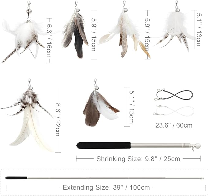 SONGWAY Cat Feather Wand - 7 Pcs Interactive Toys for Indoor Kitten, Retractable Wand With 6 Natural Feather Refills and Bell, Fishing Pole Toy