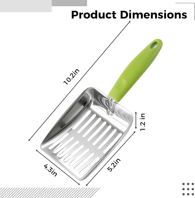 Cat Litter Shovel, Green, 430 Stainless Steel Metal Scooper with 5 Mm Fine Holes, 10.2 X 5.2 X 1.2 in, Non-Slip Pp Handle for Easy Cleaning & Storage
