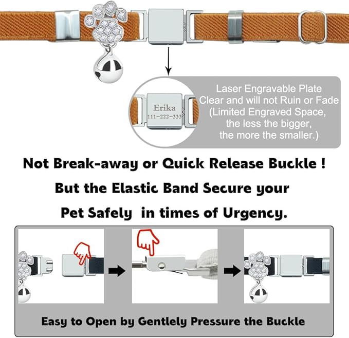 Personalized Safety Elastic Cat Collars with Bell,Laser Customized Stretch Kitten Collars for Girls Boys Cats-Light Brown