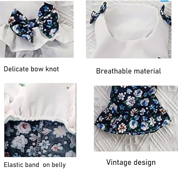 Vintage Floral Bowknot Sleeveless Romper for Small Dogs Cats Rabbits, Breathable Cotton Ruffle Flared Pants, Teacup to Small-Medium Pets for Walk Photo Vacation (Blue-Floral, X-Small)