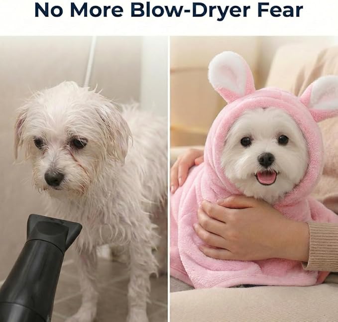 Dog Bathrobe Super Absorbent Towel for Small Dogs Cats Fast Drying Dog Robe Coat with Hood Puppy Cat Bath Towel Wrap Pet Grooming Supplies After Shower (Light Pink,S)