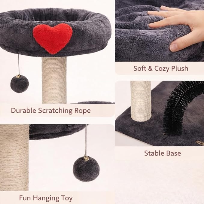 Simple Deluxe 27.8" Small Cat Tree Tower for Indoor Cats, Multi-Level Cute Cat Tree with Scratching Post| Plush Hammock| Perch| Replaceable Cover| Groomer Brush| Dangling Ball for Kittens Play & Rest
