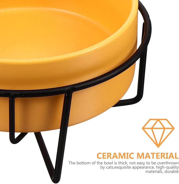 PRETYZOOM Ceramic Pet Feeder Bowl with Elevated Black Iron Stand, 14cm Yellow Cat and Dog Bowl for Spine Protection, Raised Feeding and Watering Dish for Small Pets