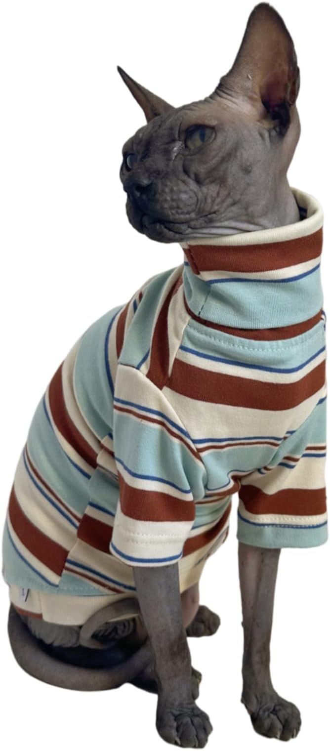 Vintage Stripes Sphynx Hairless Cats Shirt Cotton Cat Turtleneck Pet Clothes Kitten T-Shirts with Sleeves for Sphynx Cornish Rex, Devon Rex, Peterbald (Mint Brown, Large (Pack of 1))