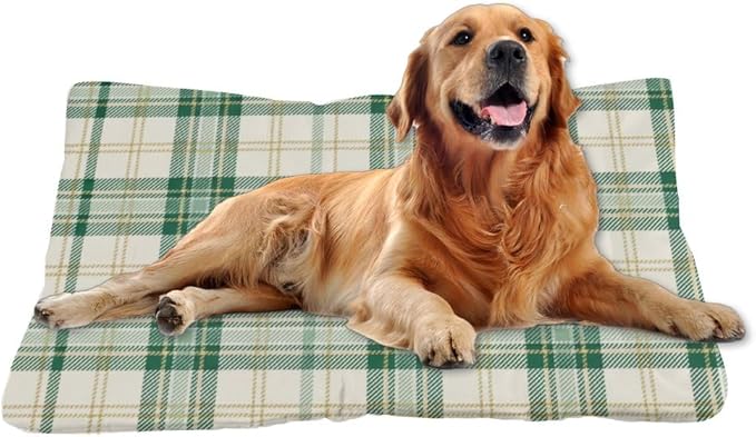 Green Yellow Plaid Dog Crate Bed Non Slip Bottom Warm Dog Bed Mat Cozy Soft Pet for Car Car Essentials Printed Big Beds Gift Pet Mat 36× 24 Inch Indoor Outdoor