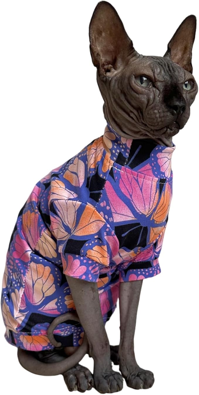 Limited Edition Sphynx Cat T-Shirts Elastic Hairless Cat Sweatshirt Pet Kitten Clothes Round Collar Kitten Shirts Vest Cats & Small Dogs Apparel (Butterfly, S (3.3-4.4 lbs))