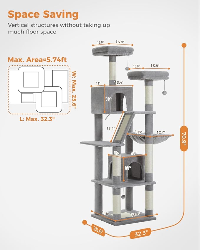 MUTTROS Tall Cat Tree 70.9", Large Cat Tree for Indoor Cats, Multi-Level Plush Cat Condo with 6 Scratching Posts, 2 Scratching Boards, 2 Perches, 2 Caves, Hammock, 2 Pompoms, Gray