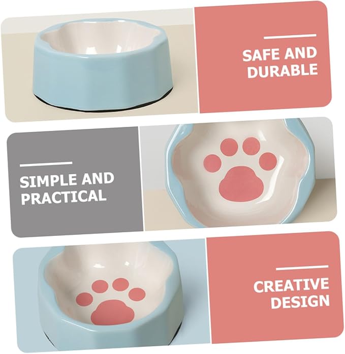 Ceramic Tilted Cat and Dog Food Bowl with Cute Animal Paw Print, Small Blue Pet Dish for Feeding and Watering, Suitable for Cats and Small Dogs