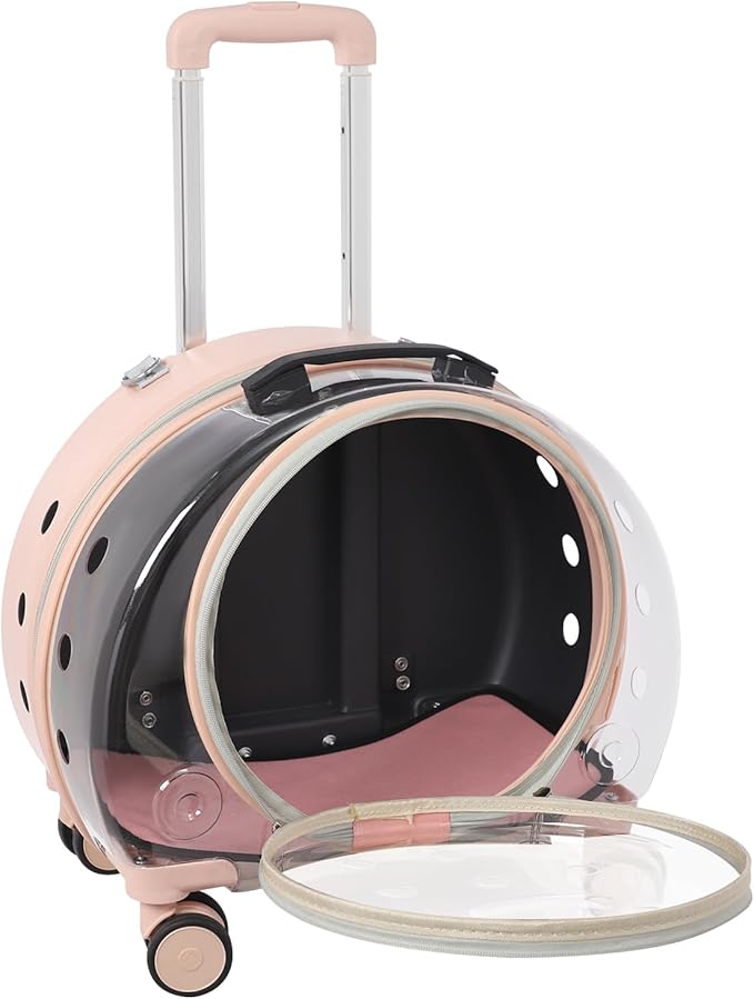 4-Wheel Rolling Cat Carrier, Hard Shell Pet Carrier with Ventilation Holes, Adjustable Handle Cat Travel Carrier, Lightweight Pet Stroller for Airplane, Car, Fits Pets up to 19.8lbs (Pink)