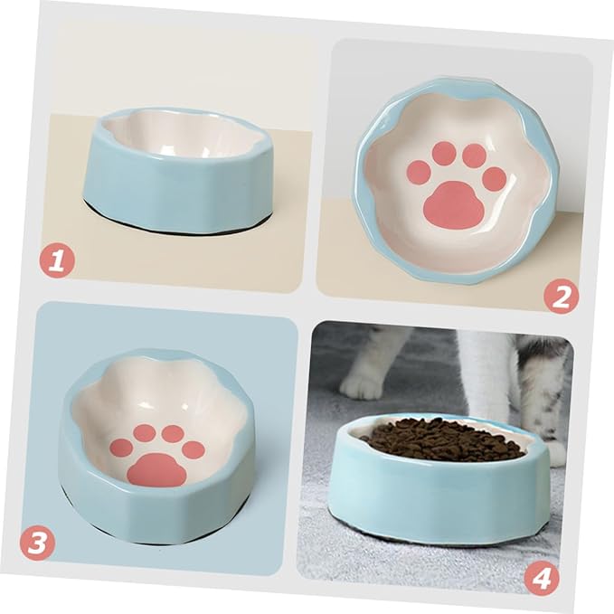 Ceramic Tilted Cat and Dog Food Bowl with Cute Animal Paw Print, Small Blue Pet Dish for Feeding and Watering, Suitable for Cats and Small Dogs