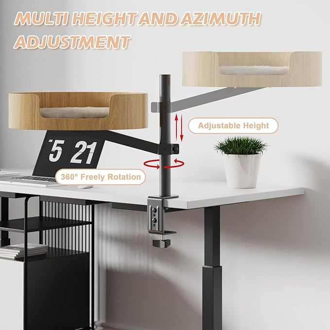 15in Cat Desk Bed -Elevated Desk Nest Cats Beds for Table, 360° Rotation & Height Adjustment, Supports 25 Lbs for Home Office, Living Room Relaxation Or Pet Store Displays.
