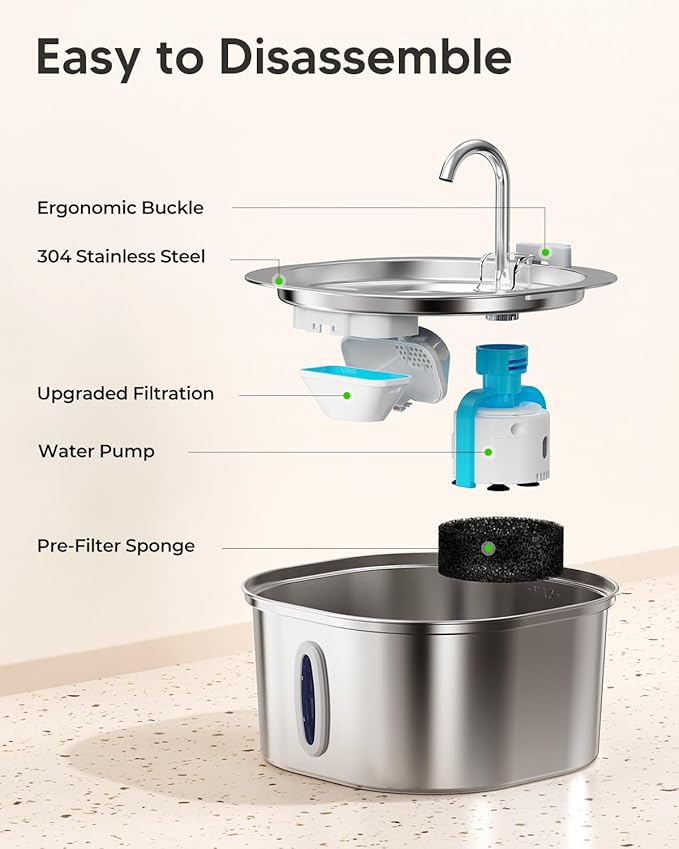PEKTACO Stainless Steel Cat Water Fountain, 3.2L/108oz Cat Water Dispenser with Quiet Water Pump, Dishwasher Safe Pet Drinking Fountain for Cats