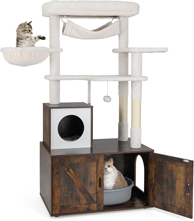 Tangkula Cat Tree with Litter Box Enclosure, Industrial Hidden Litter Box with Cat Tower, Sisal Scratching Posts, Hammock, Hanging Toy and Basket Bed, Condo, Wooden Cat Washroom for Indoor Cats