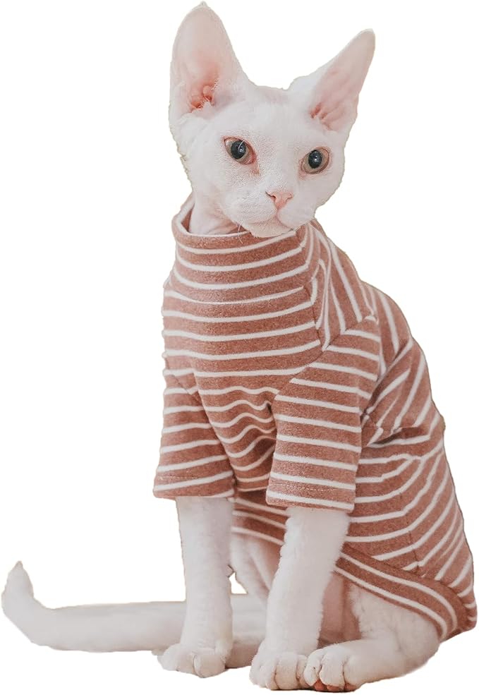 Sphynx Cats Warm Fleece Shirt Cat Turtleneck Undershirt Thermal Hairless Cat Clothes for Sphynx, Devon, Cornish Cat Clothes and Small Kitten and Dogs (Coffee Bold Stripe, X-Large)