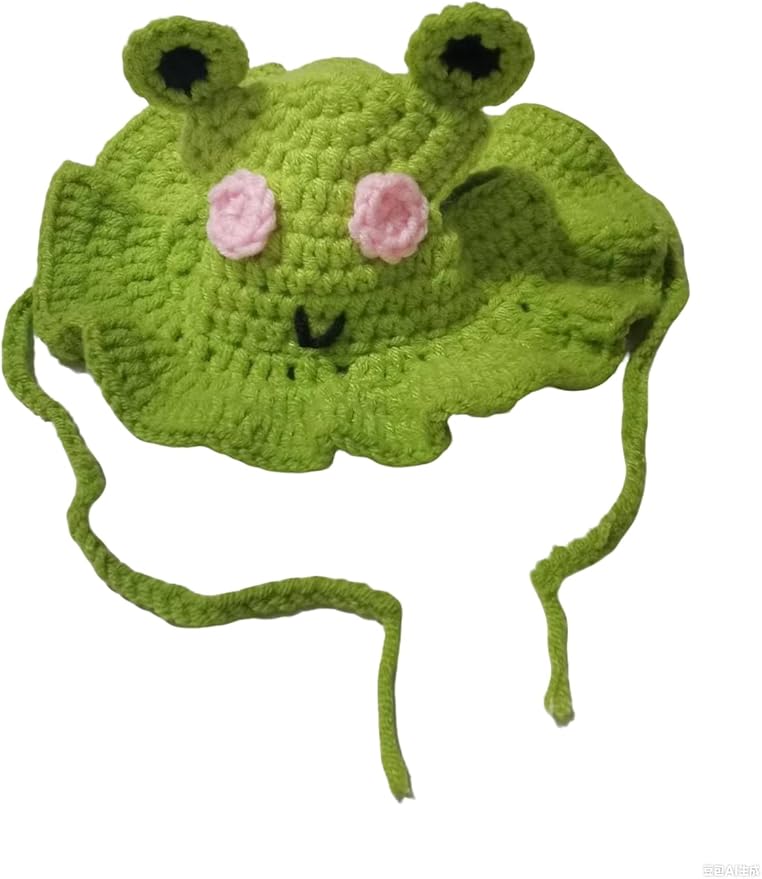 Cat Party Hat with Ear Holes and Adjustable Tie, Soft Polyester, Washable, Green Frog Party Hat for Cats 4-16 lbs, Holiday & Photo Outfit