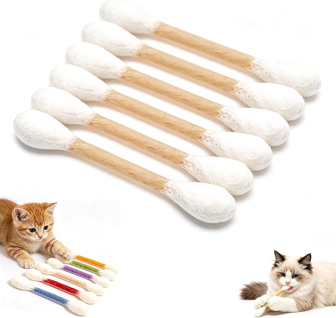 Giant Q Tip Cat Toy, Cotton Swabs Cat Toys with Catnip, 6 Pk Giant Cat Qtip Toy Chew Sticks for Boredom Durable Dental Teething Ropes, Big Interactive Felt Kitty Kicker Toy (Beige)