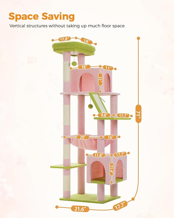 MUTTROS Pink 71" Tall Cat Tree for Large Cat 20 lbs with Super Large Hammock, Heavy Duty Cat Tower with 4 Sisal Scratching Posts & 2 Spacious Condos for Big Adult Cats Maine Coon -Green