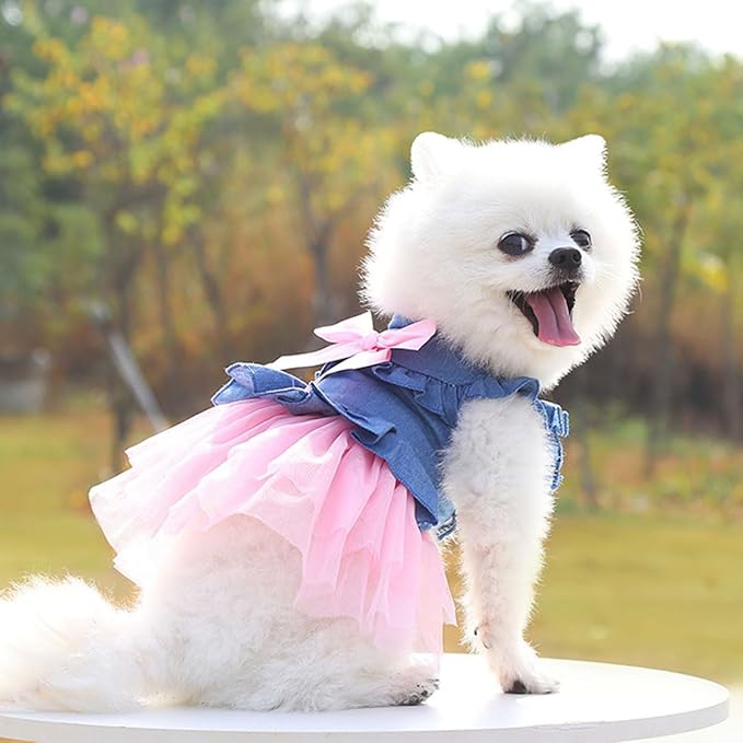Dog Cat Denim Tutu Dress, Princess Puppy Kitten Outfit with Pearl Bow & Stand-Up Collar, Sleeveless Pet Clothes for Wedding Birthday Party, Easy Front Snap Closure for Chihuahua(Pink-Denim, X-Small)