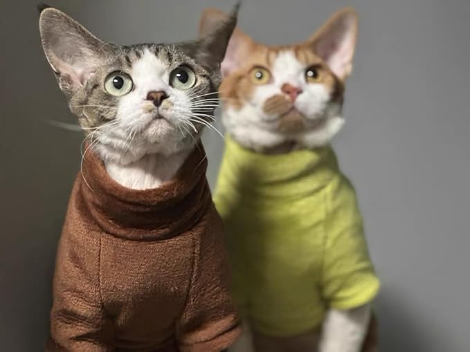 Sphynx Cat Clothes Winter Turtleneck Soft Coral Fleece Cat Clothes Thicken Warm Pajamas Coat for Hairless Cats and Small Cat Apparel with Sleeves (Brown Coffee, L (6-9.3lbs)