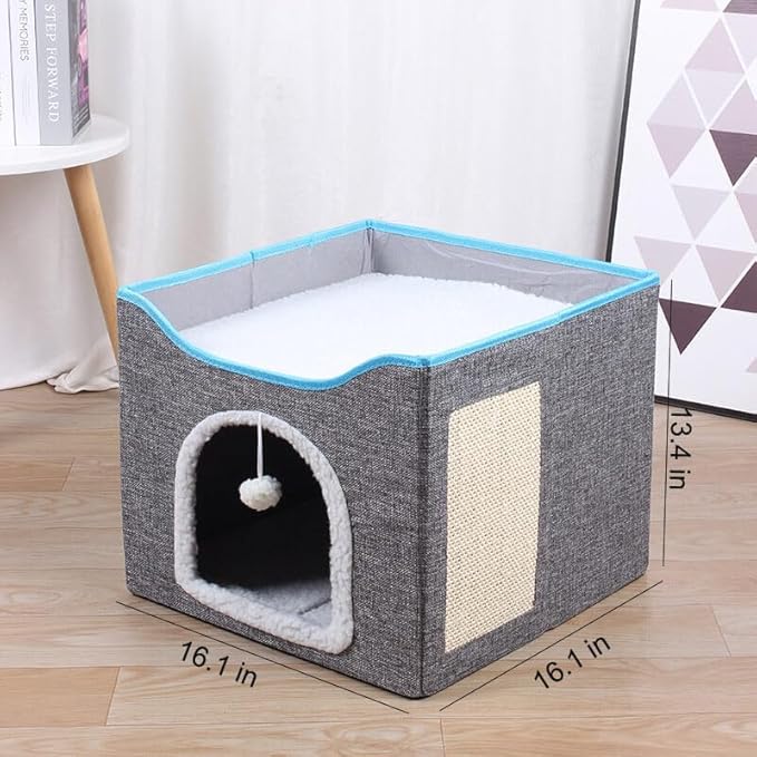 Cat Bed with Scratching Pad and Hanging Fluffy Ball Foldable Large Cat Cave House for Indoor Cats